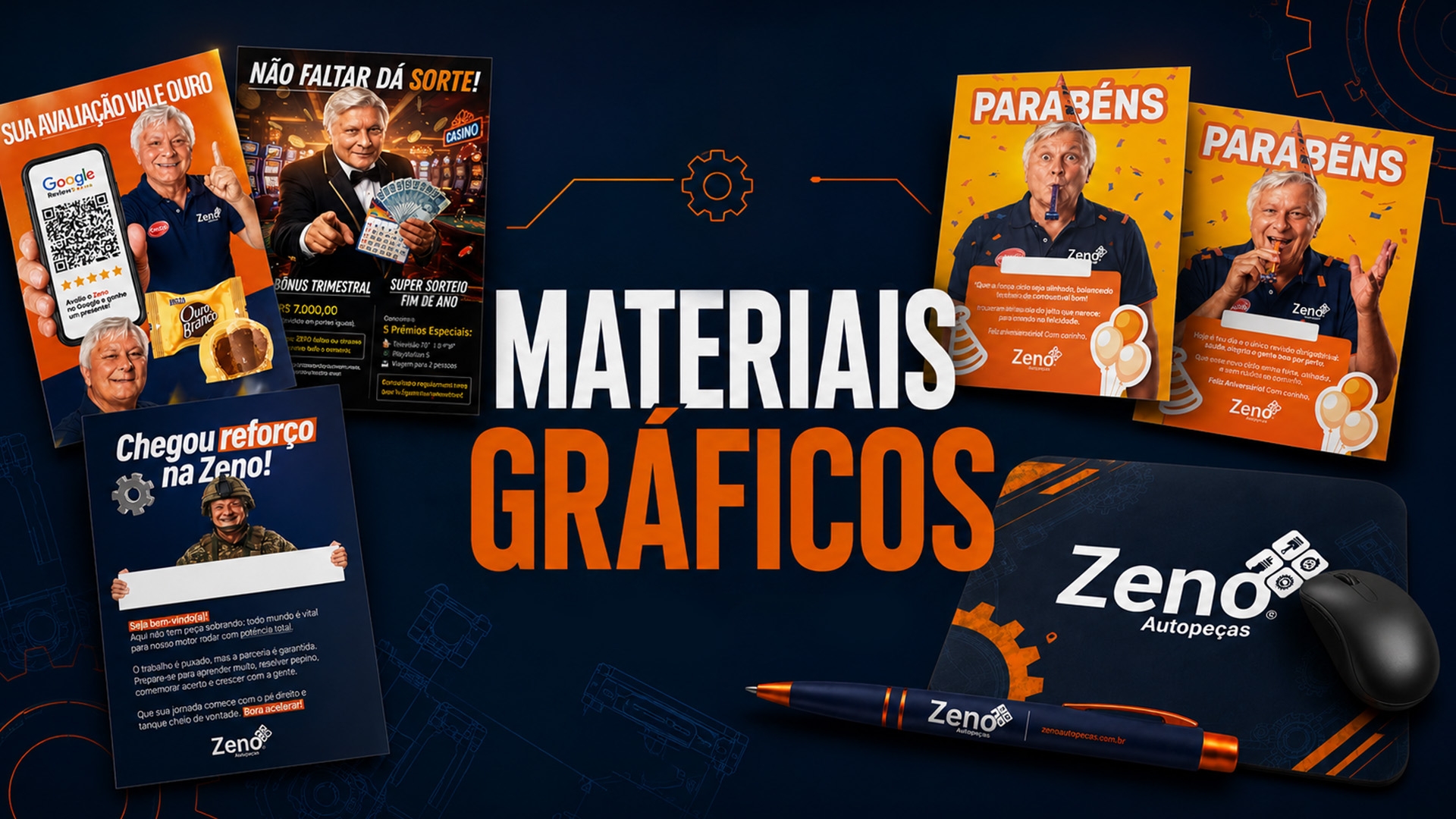 Materiais Gráficos Criativos para a Zeno Autopeças, de Brusque